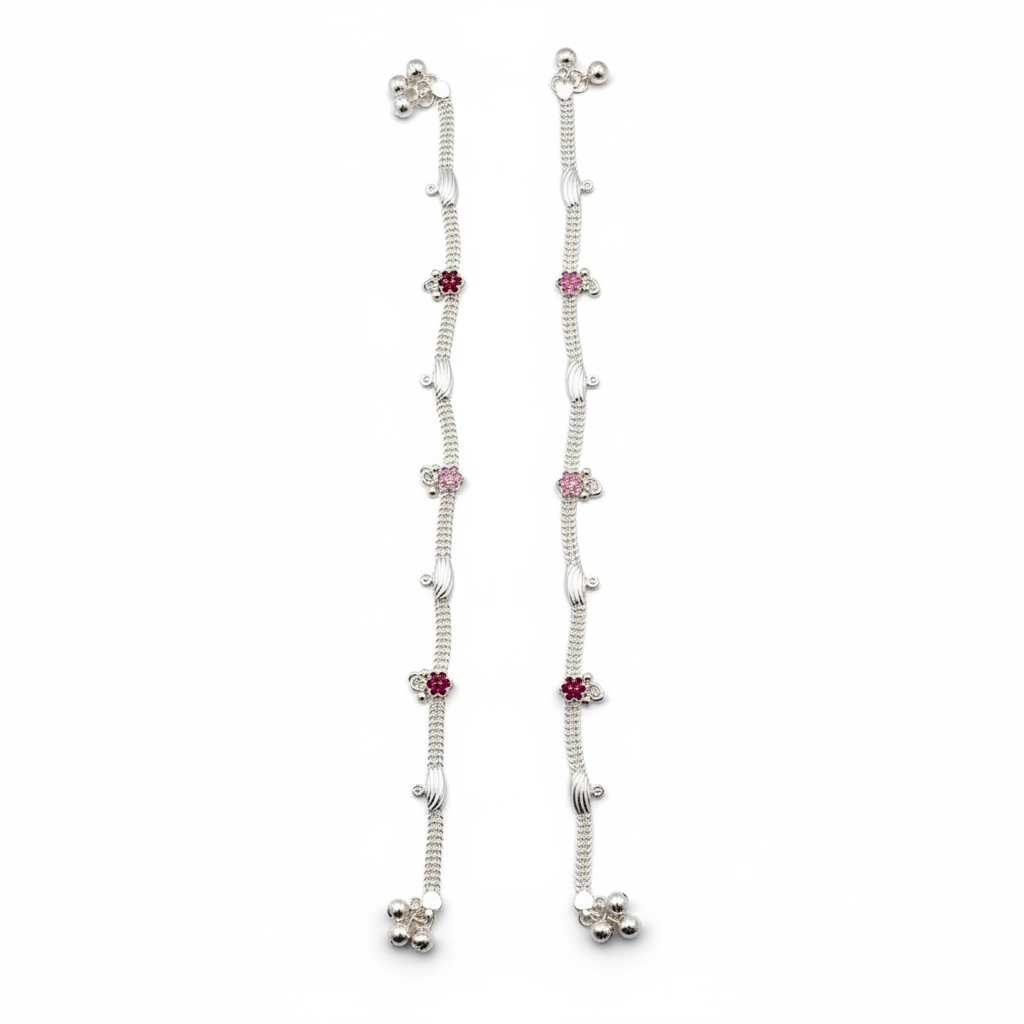 Floral Charm Anklet – 925 Sterling Silver – Pink & Red Stone Design-22g