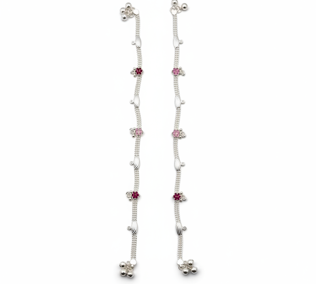 Floral Charm Anklet – 925 Sterling Silver – Pink & Red Stone Design-22g