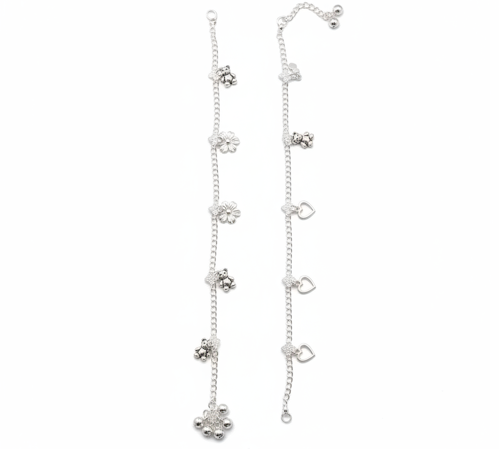 Floral Charm Chain Anklet – 925 Sterling Silver – Adjustable-28g