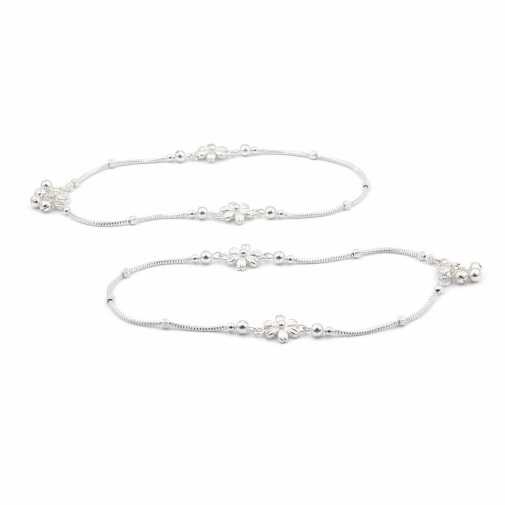 Floral Charm Station Silver Anklet – 99.9% Pure Silver – Weight:22g