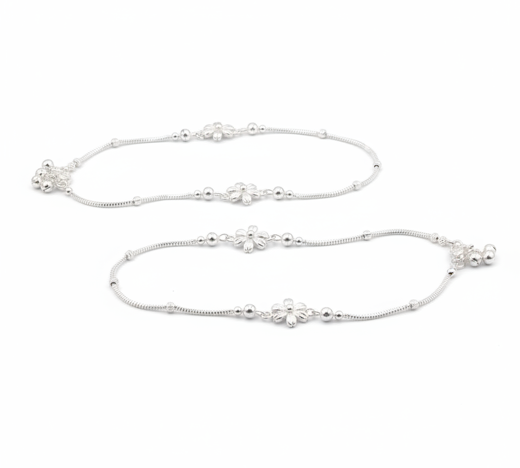 Floral Charm Station Silver Anklet – 99.9% Pure Silver – Weight:22g