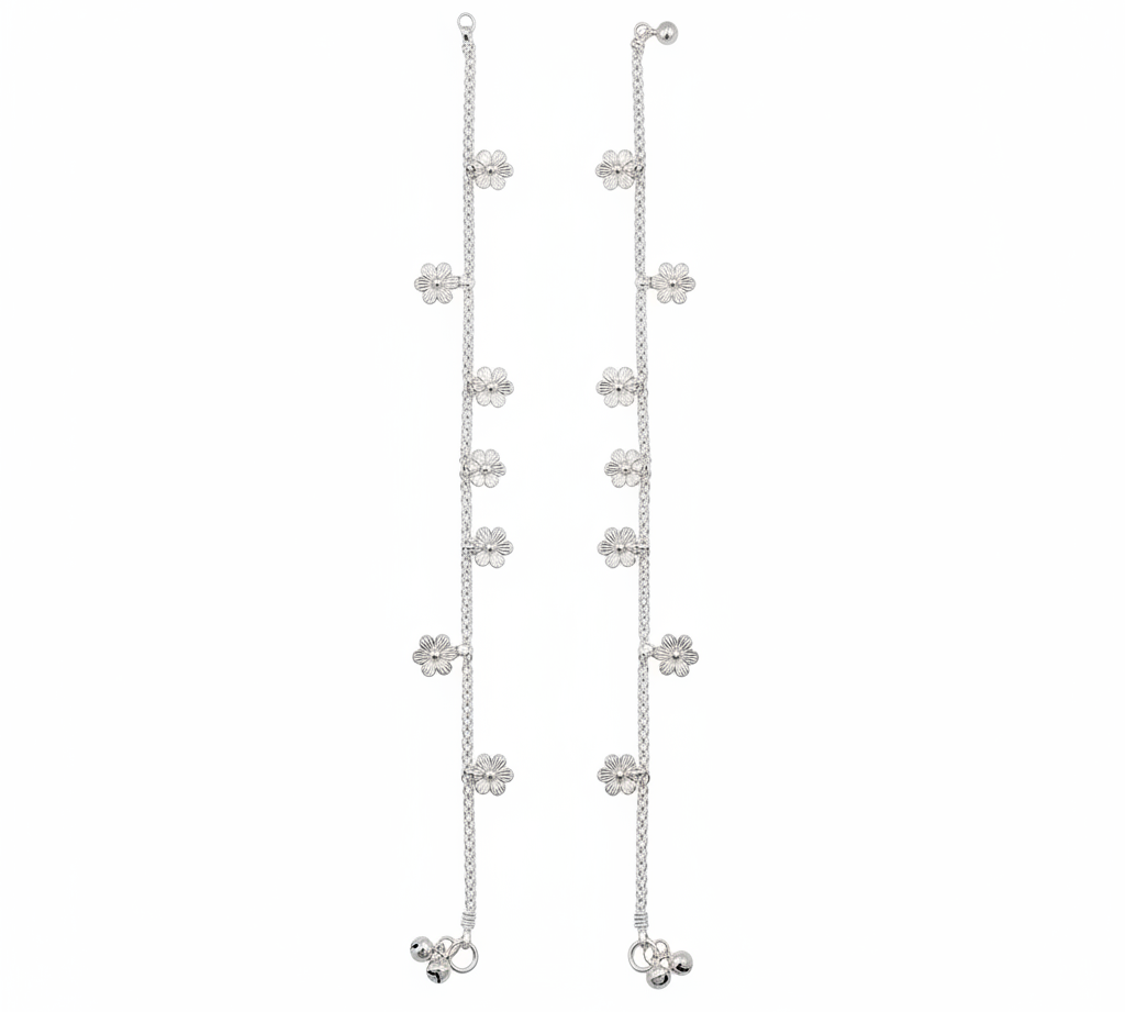 Floral Cluster Chain Anklet – 925 Sterling Silver – Adjustable – 24g