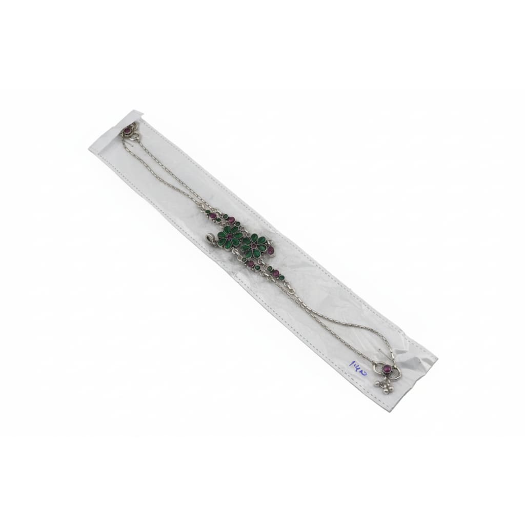 Floral Drop Anklet – 925 Sterling Silver – Green & Pink Stone Design – 26g