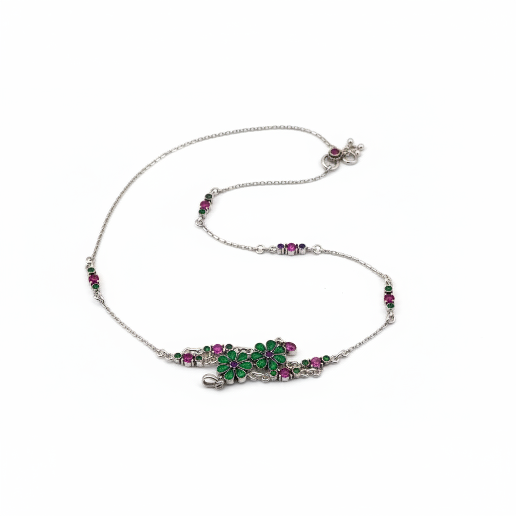 Floral Drop Anklet – 925 Sterling Silver – Green & Pink Stone Design-26g