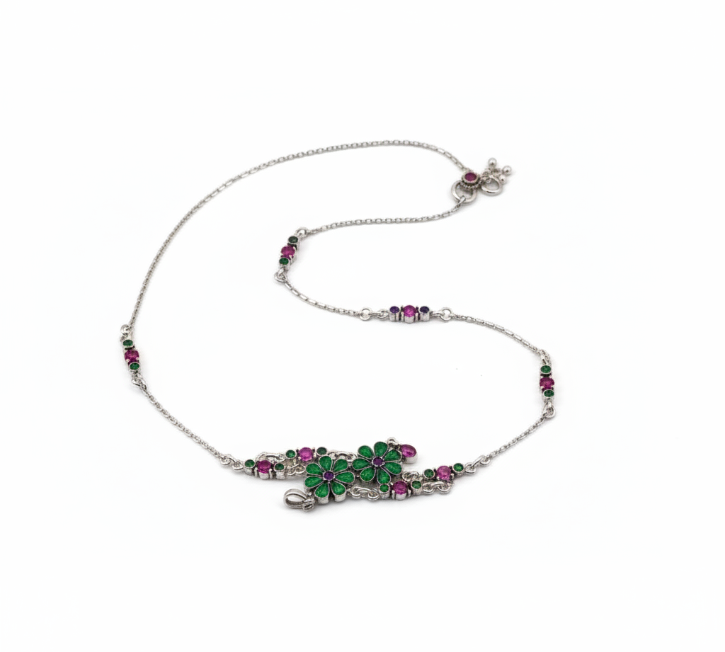 Floral Drop Anklet – 925 Sterling Silver – Green & Pink Stone Design-26g