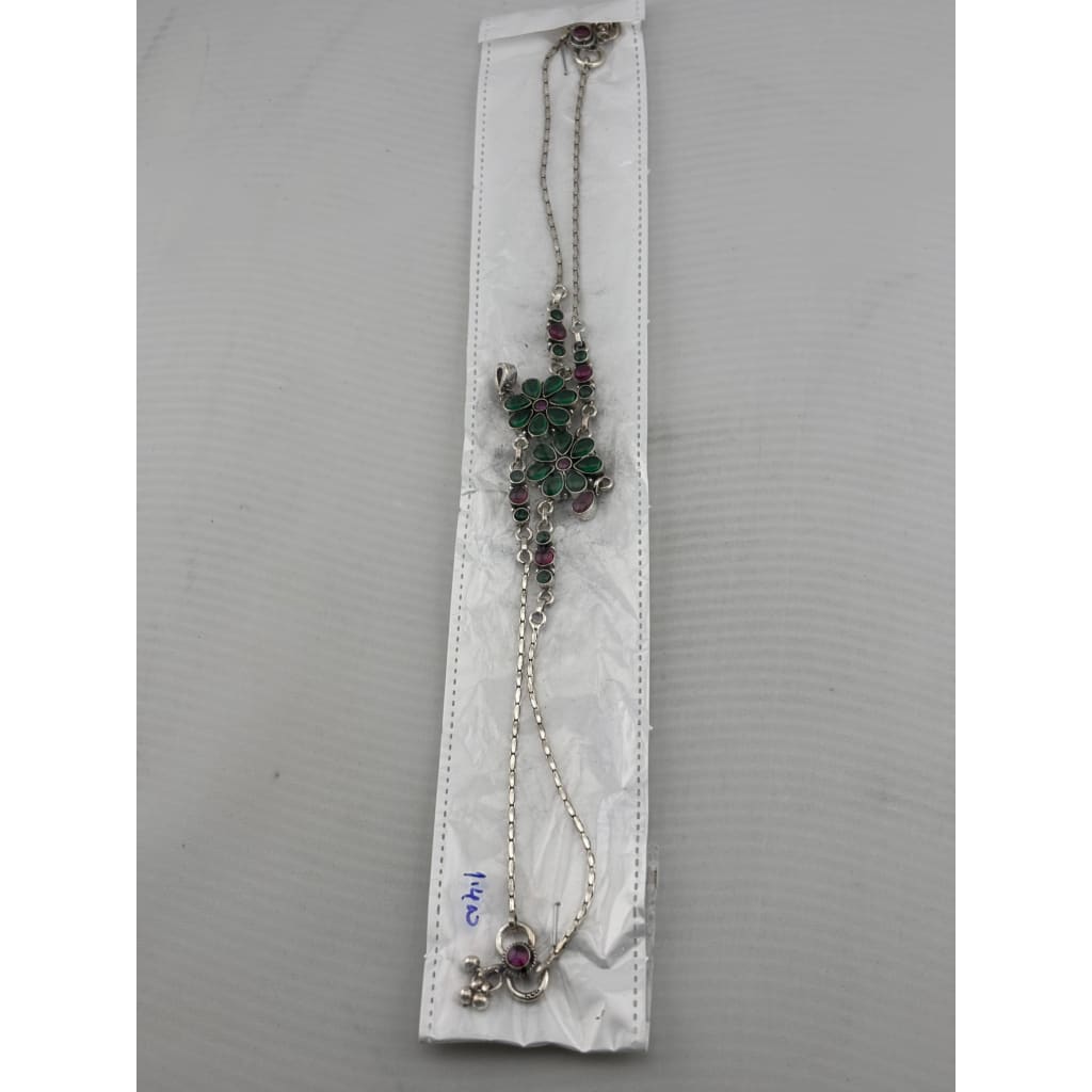 Floral Drop Anklet – 925 Sterling Silver – Green & Pink Stone Design – 26g