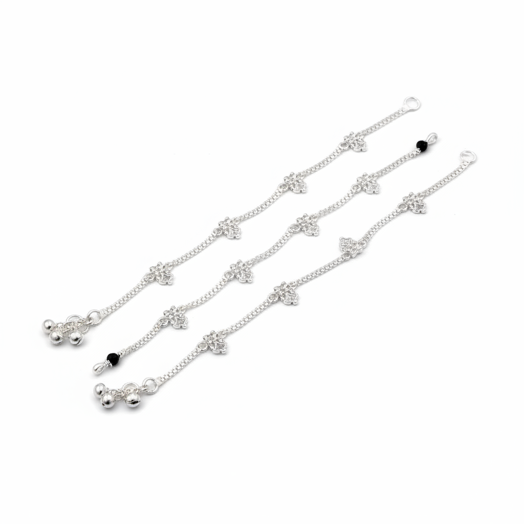 Floral Wave Charm Silver Anklet – 99.9% Pure Silver – Adjustable – 26g