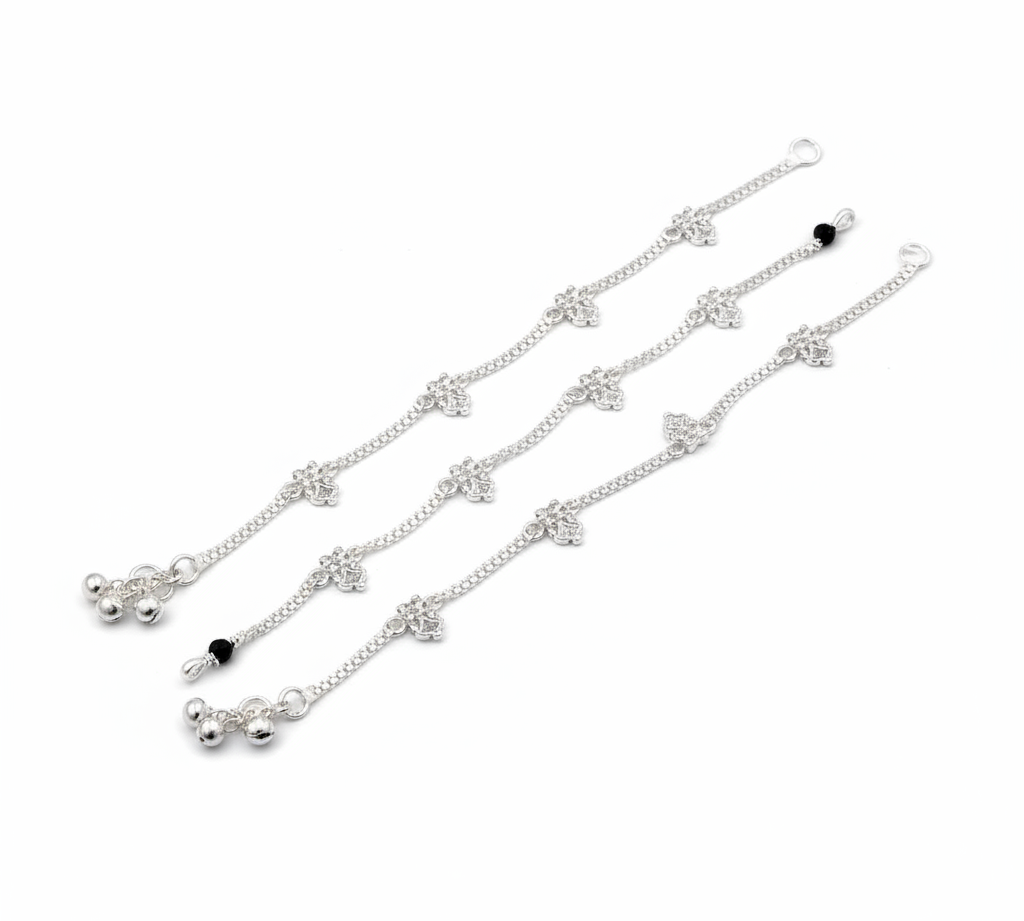 Floral Wave Charm Silver Anklet – 99.9% Pure Silver – Adjustable – 26g