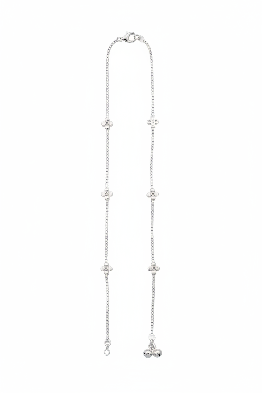 Gemstone Bloom Charm Silver Anklet – 99.9% Pure Silver – Weight:14g