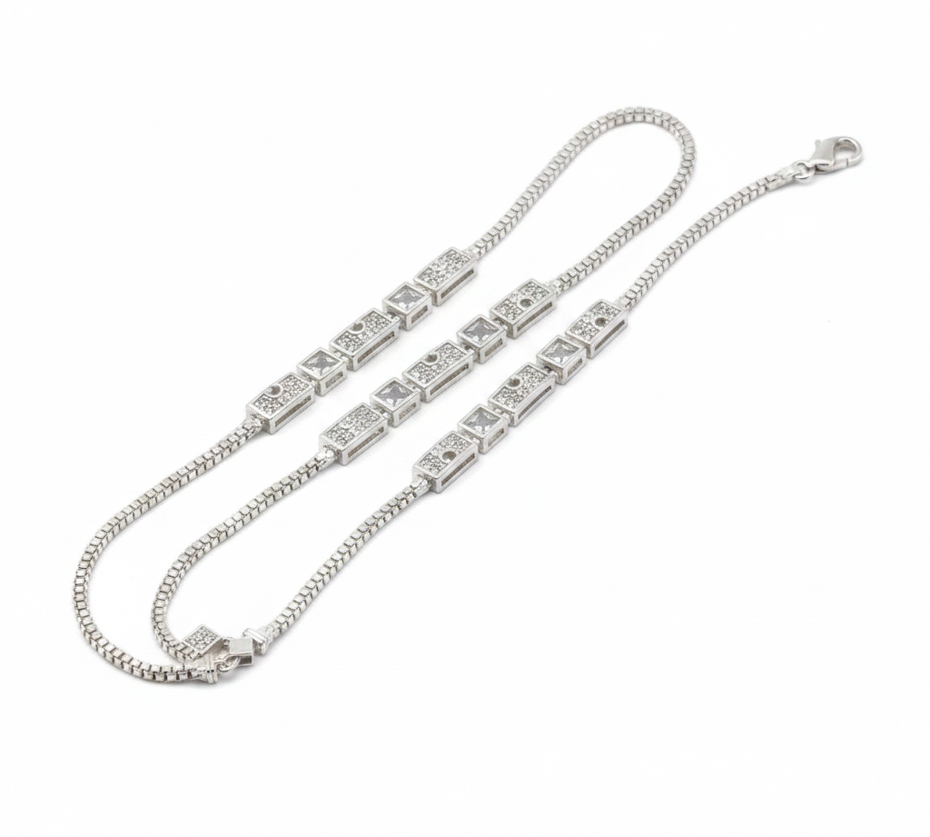 Geometric CZ Block Anklet – 925 Sterling Silver – Adjustable – 30.01g