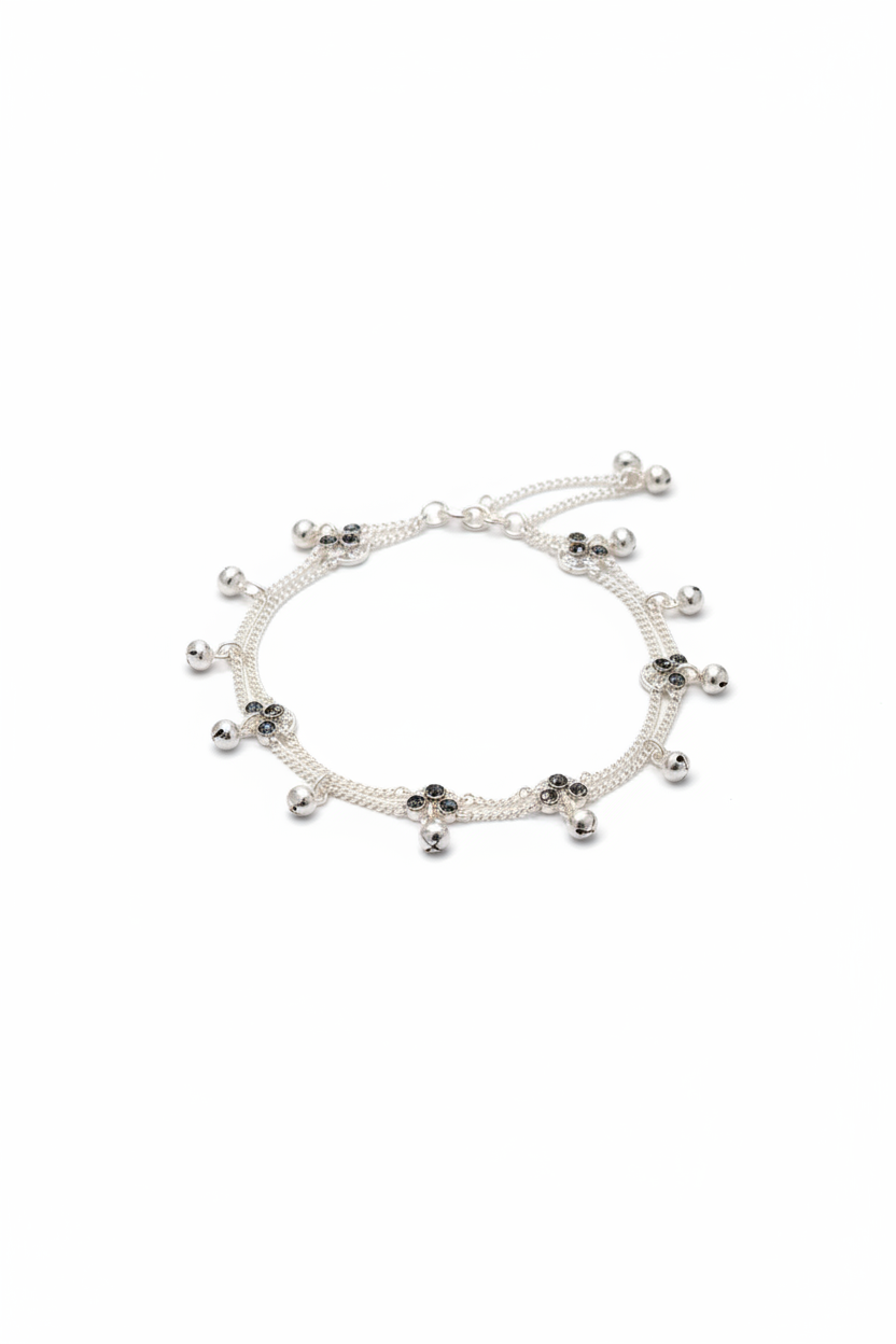 Ghungroo Evil Eye Anklet – 925 Sterling Silver – Dual Chain Charm Design-15g