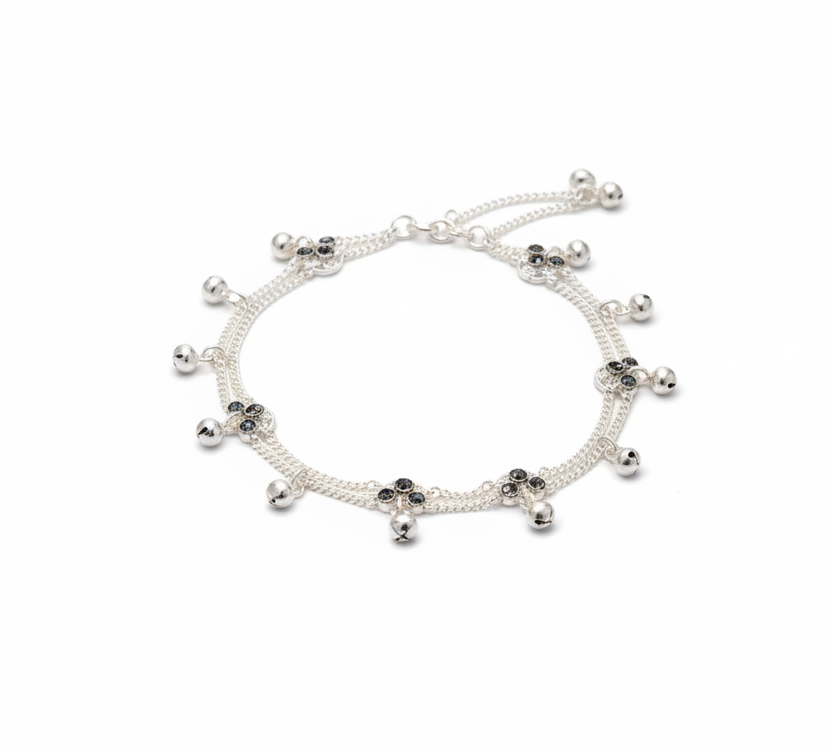 Ghungroo Evil Eye Anklet – 925 Sterling Silver – Dual Chain Charm Design-15g