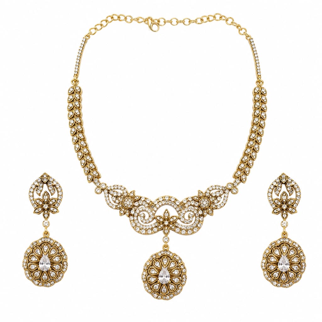 Gold-plated 925 sterling silver antique floral medallion necklace earrings set on white