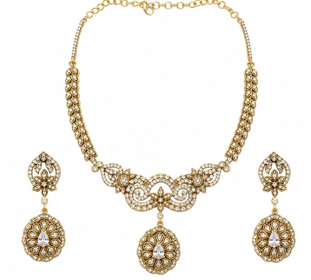 Gold-plated 925 sterling silver antique floral medallion necklace earrings set on white