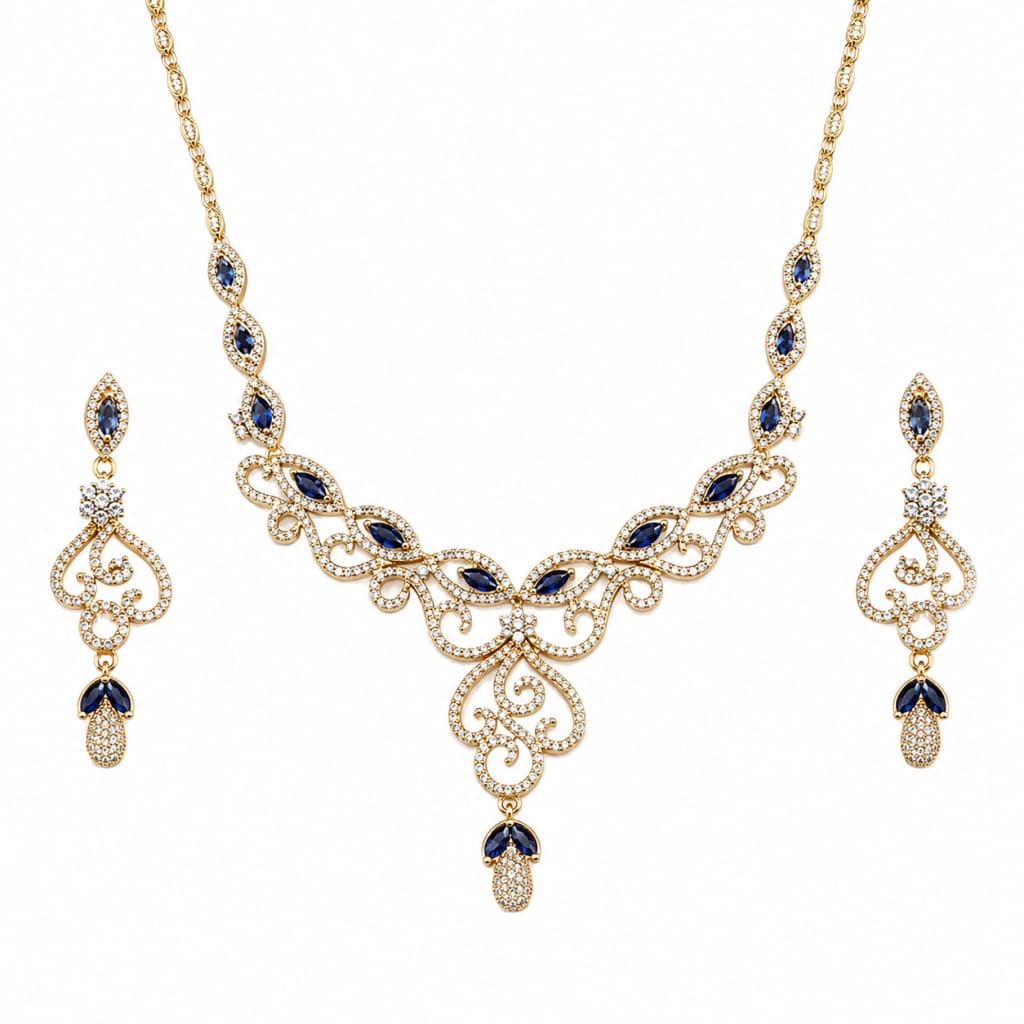 Gold-plated 925 sterling silver blue marquise vine necklace and earrings set on white