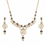 Gold-plated 925 sterling silver blue marquise vine necklace and earrings set on white