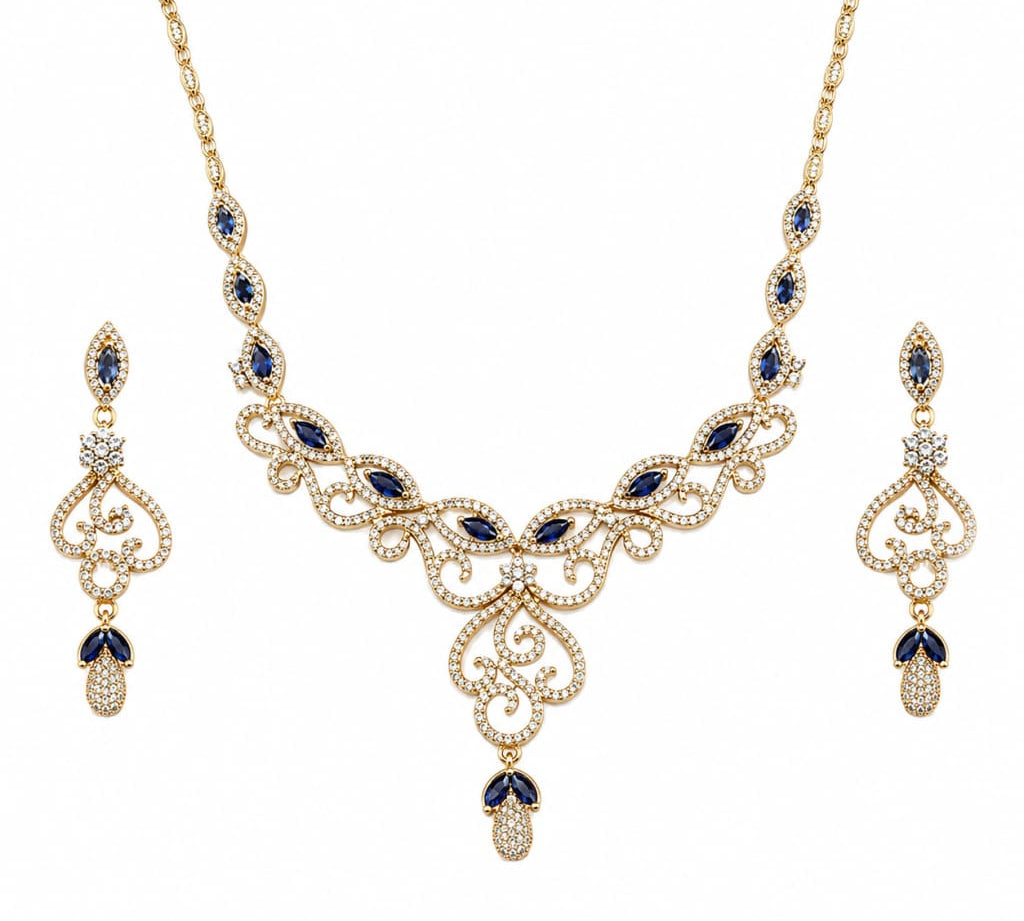 Gold-plated 925 sterling silver blue marquise vine necklace and earrings set on white