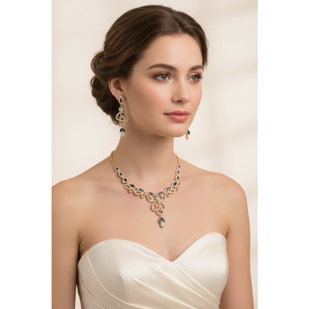 Gold-Plated 925 Sterling Silver Blue Marquise Vine Necklace