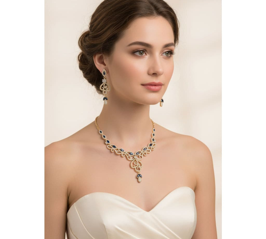 Gold-Plated 925 Sterling Silver Blue Marquise Vine Necklace