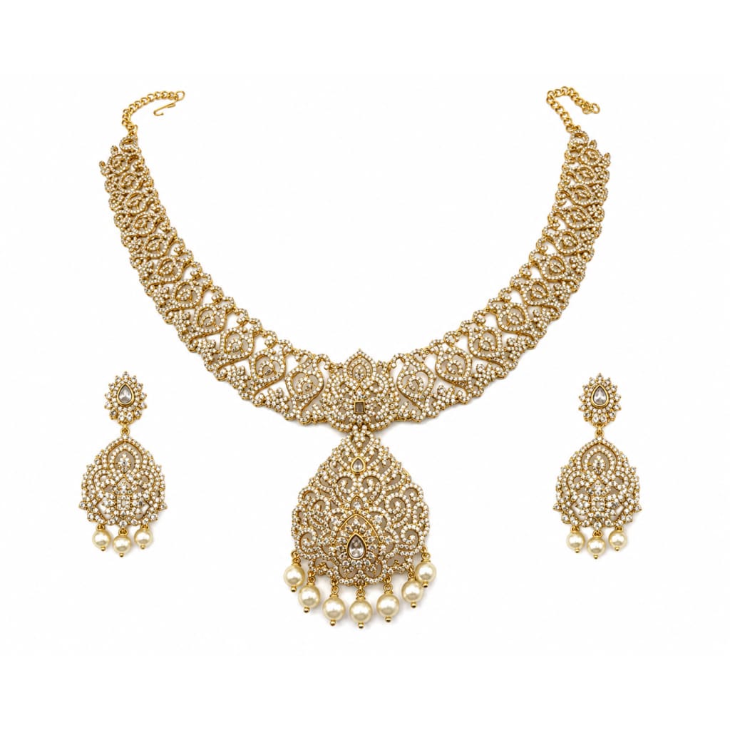 Gold-plated 925 sterling silver bridal filigree pearl necklace earrings set on white