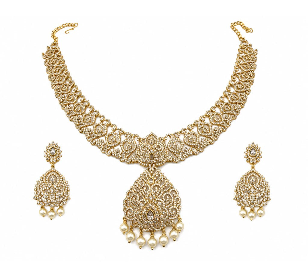 Gold-plated 925 sterling silver bridal filigree pearl necklace earrings set on white