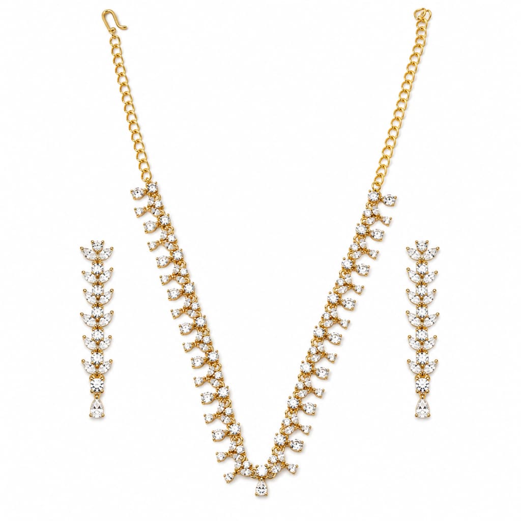 Gold-plated 925 sterling silver crystal vine necklace earrings set on white