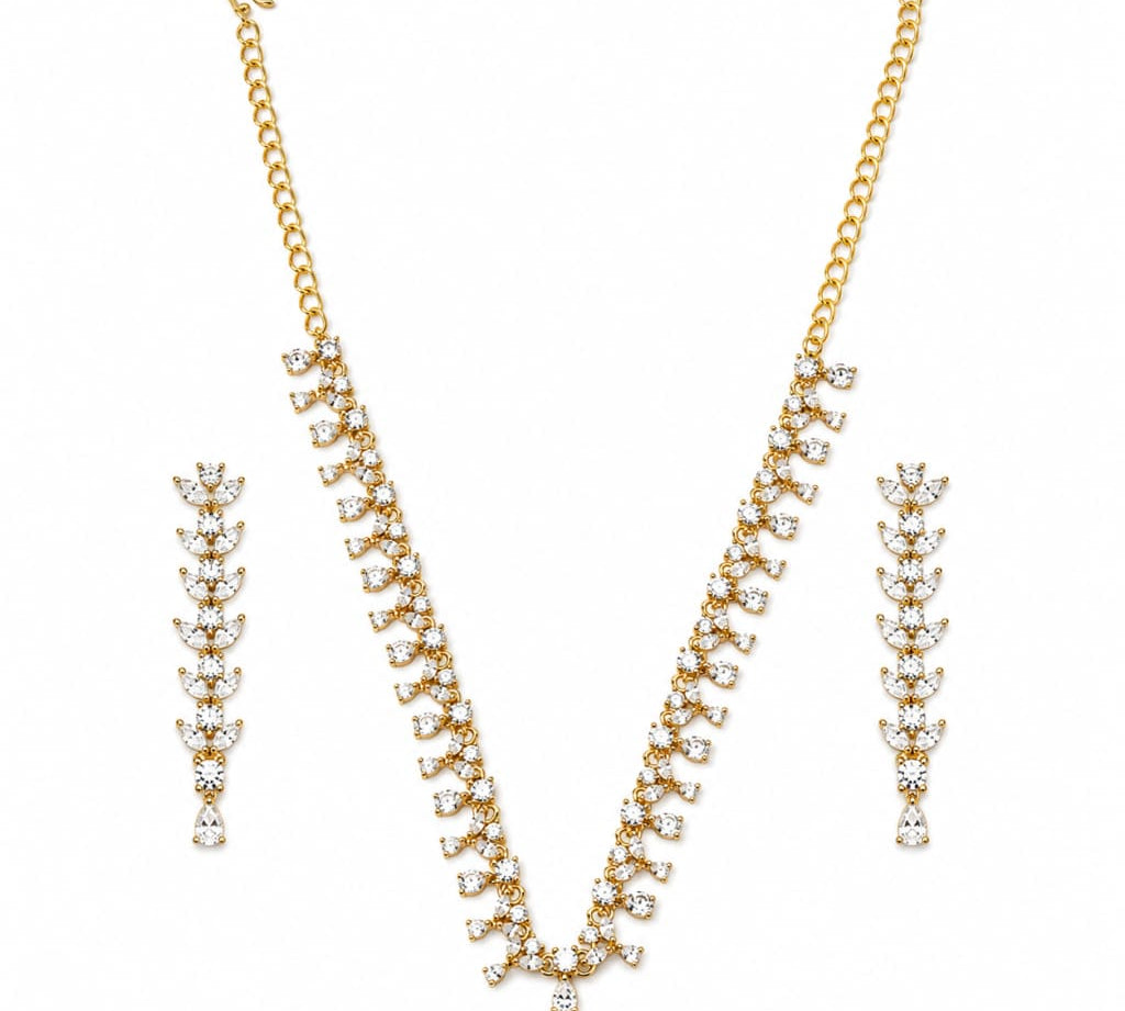 Gold-plated 925 sterling silver crystal vine necklace earrings set on white