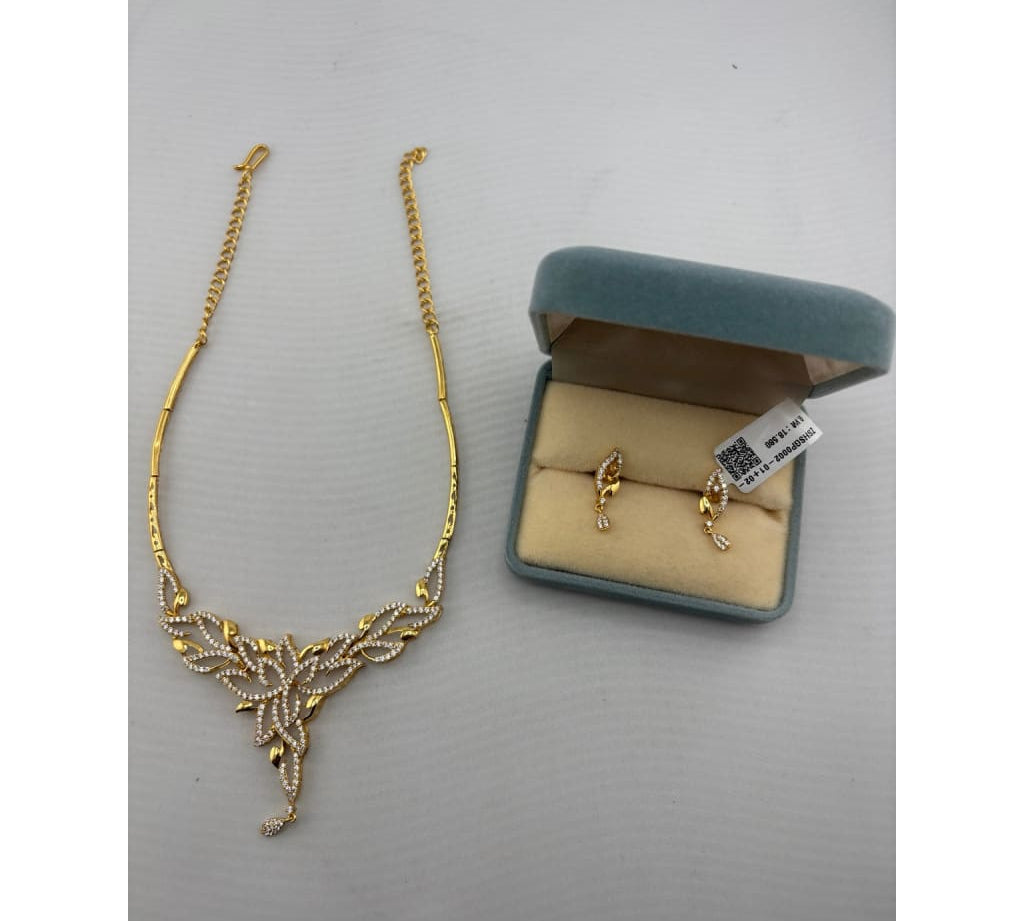 Gold-plated layered leaf necklace with matching clear-stone drop earrings