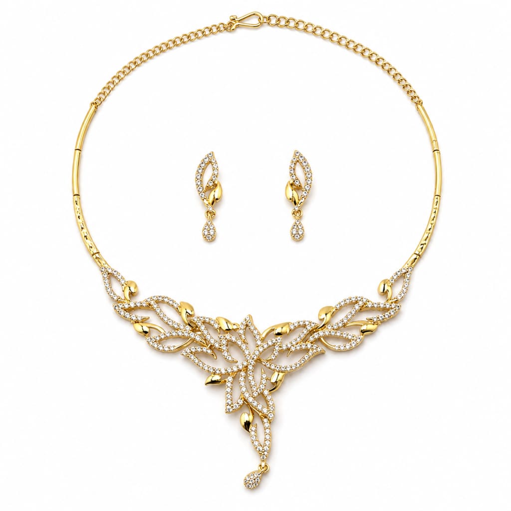 Gold-plated 925 sterling silver clear-stone leaf necklace and earrings set on white background