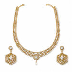 Gold-plated crystal necklace and matching hexagonal earrings set on white background