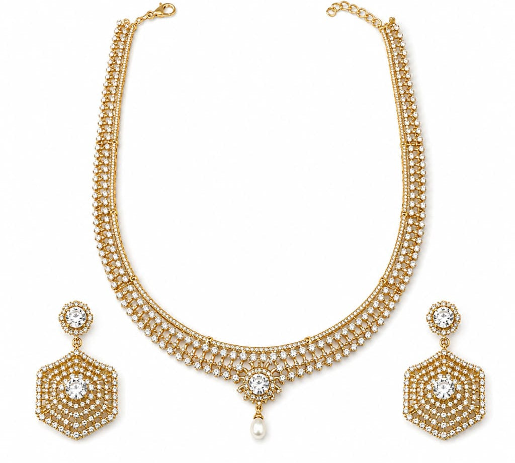 Gold-plated crystal necklace and matching hexagonal earrings set on white background