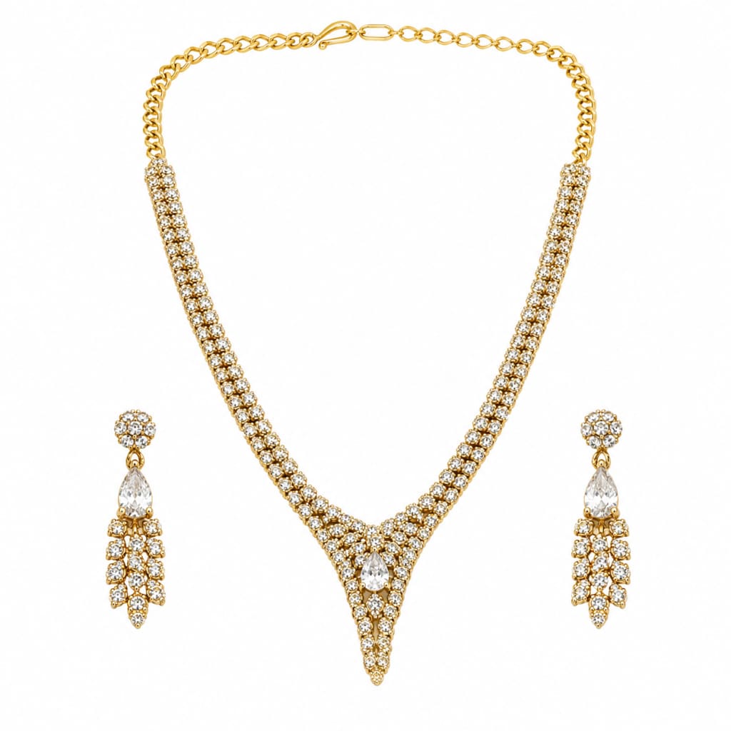 Gold-plated 925 sterling silver crystal V necklace and earrings set on white