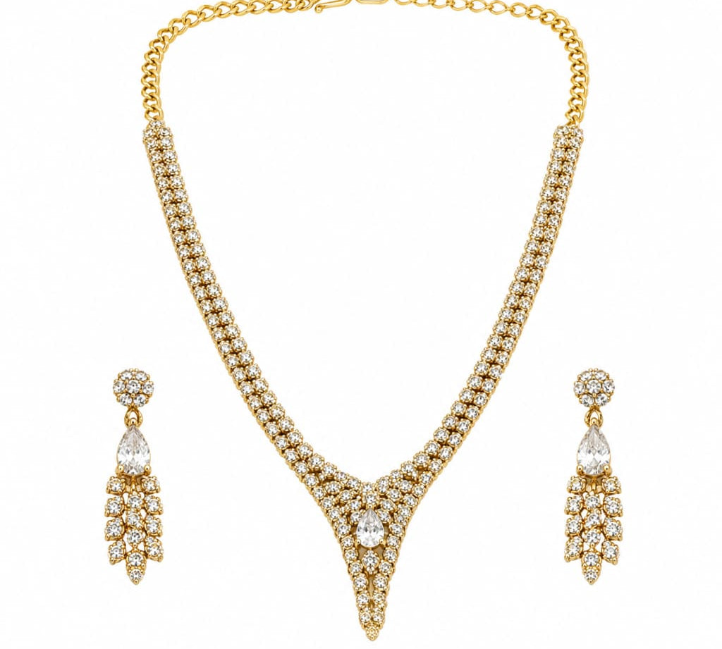 Gold-plated 925 sterling silver crystal V necklace and earrings set on white