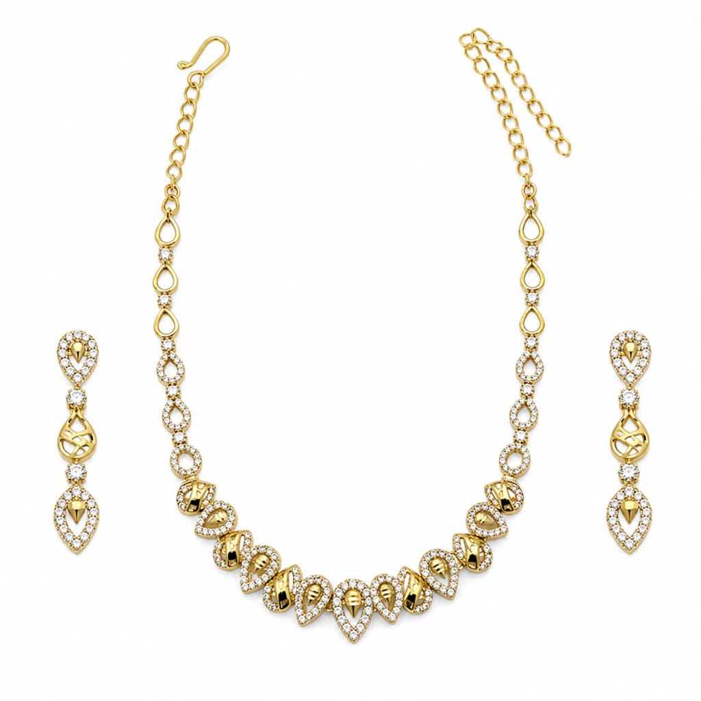 Gold-plated 925 sterling silver geometric teardrop necklace earrings set on white