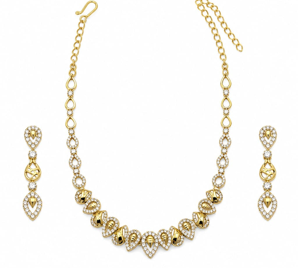 Gold-plated 925 sterling silver geometric teardrop necklace earrings set on white