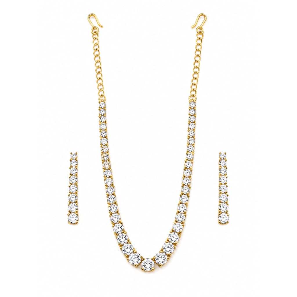 Gold-plated 925 sterling silver graduated round crystal tennis necklace earrings set on white