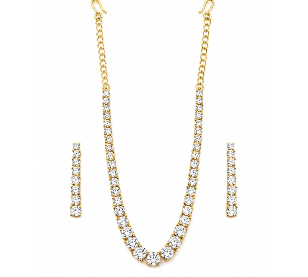 Gold-plated 925 sterling silver graduated round crystal tennis necklace earrings set on white
