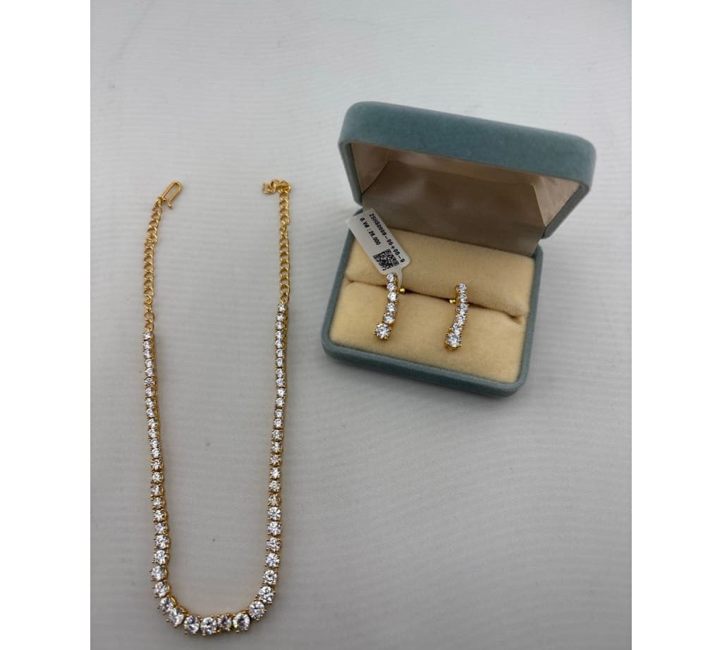 Gold-plated graduated tennis necklace with matching five-stone drop earrings