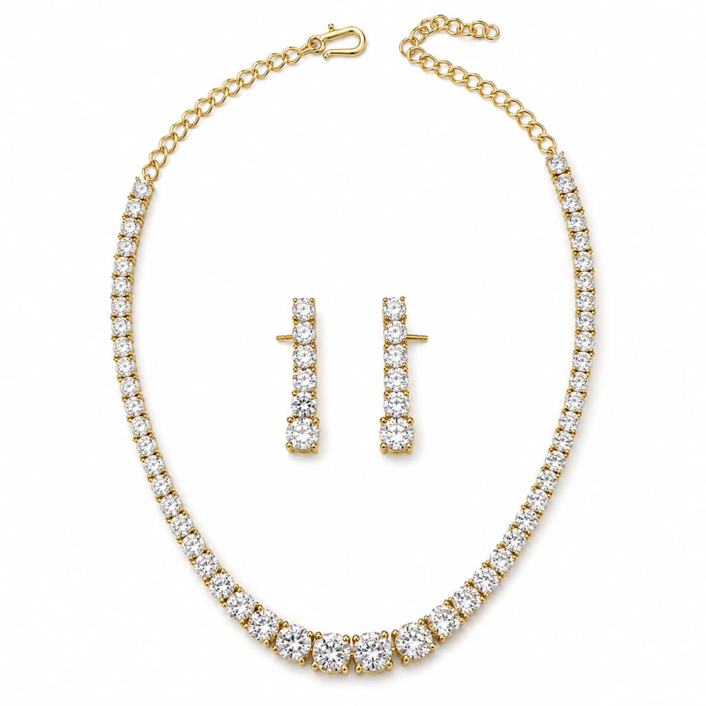 Gold-plated 925 sterling silver graduated tennis necklace and earrings set on white background