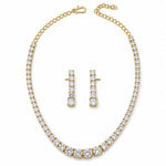 Gold-plated 925 sterling silver graduated tennis necklace and earrings set on white background
