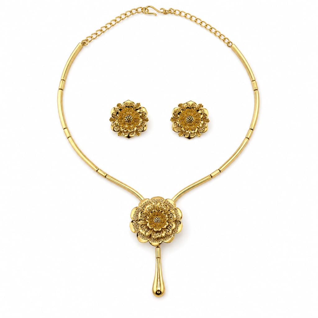 Gold-plated 925 sterling silver layered flower necklace and earrings set on white background