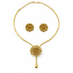 Gold-plated 925 sterling silver layered flower necklace and earrings set on white background