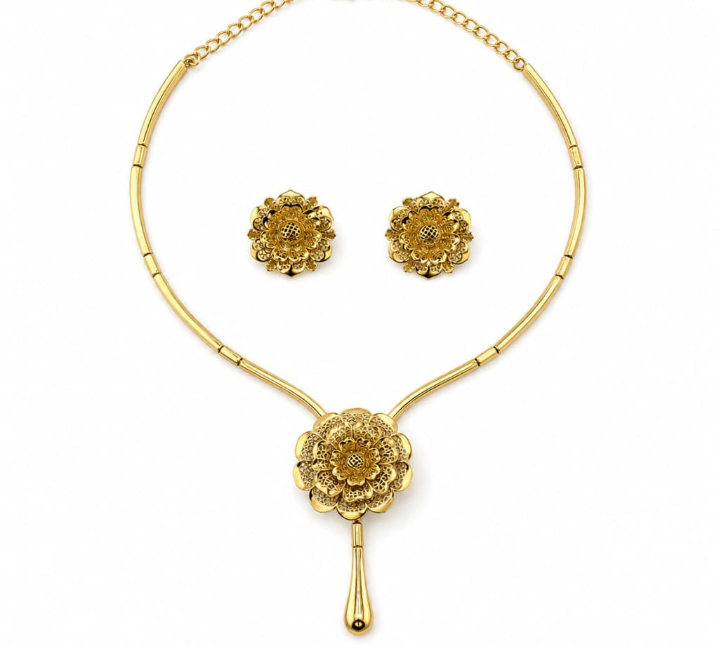 Gold-plated 925 sterling silver layered flower necklace and earrings set on white background