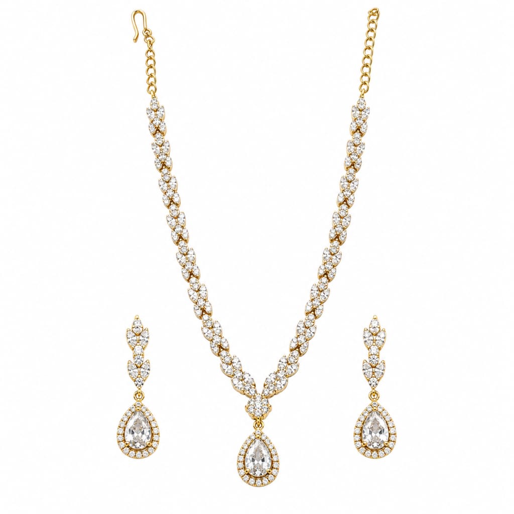 Gold-plated 925 sterling silver marquise leaf and teardrop necklace earrings set on white