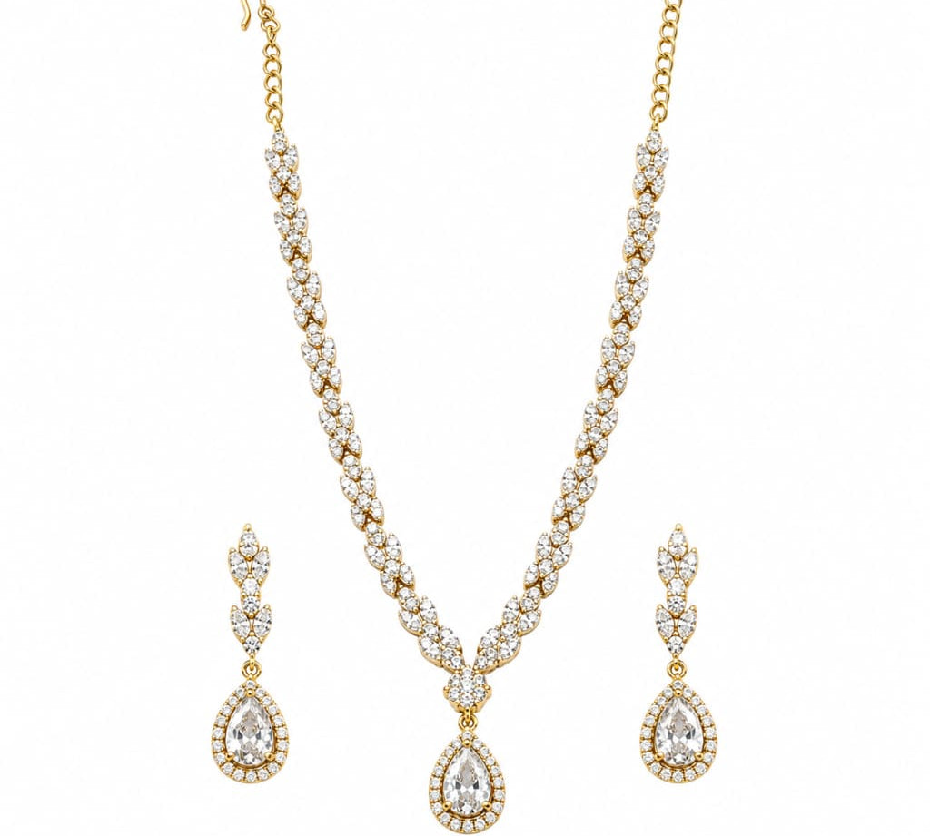 Gold-plated 925 sterling silver marquise leaf and teardrop necklace earrings set on white