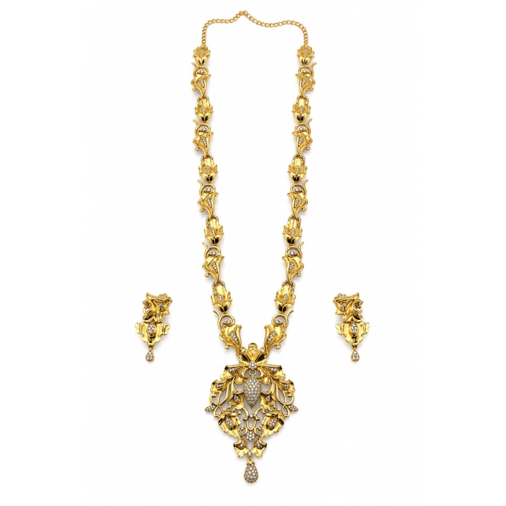 Gold-plated 925 sterling silver ornate floral statement necklace earrings set on white