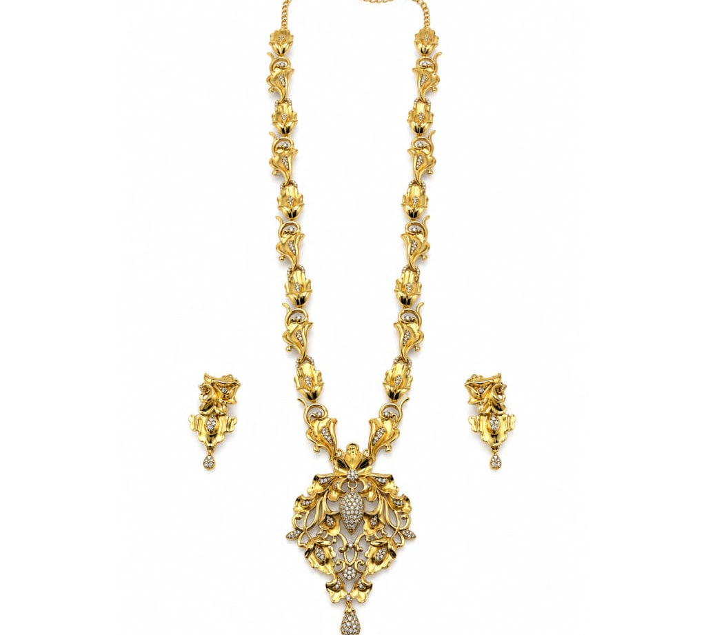 Gold-plated 925 sterling silver ornate floral statement necklace earrings set on white