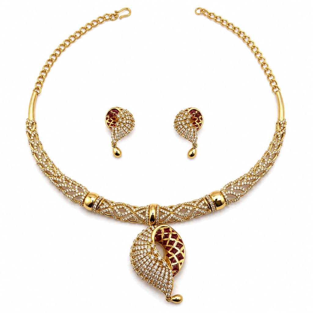 Gold-plated 925 sterling silver red enamel leaf necklace and earrings set on white background