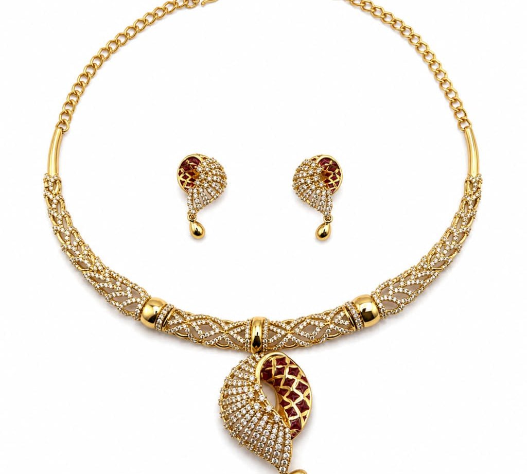 Gold-plated 925 sterling silver red enamel leaf necklace and earrings set on white background