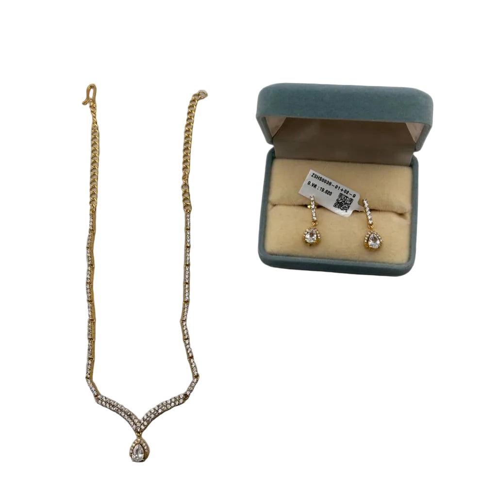 Gold-plated crystal V necklace and matching teardrop earrings set